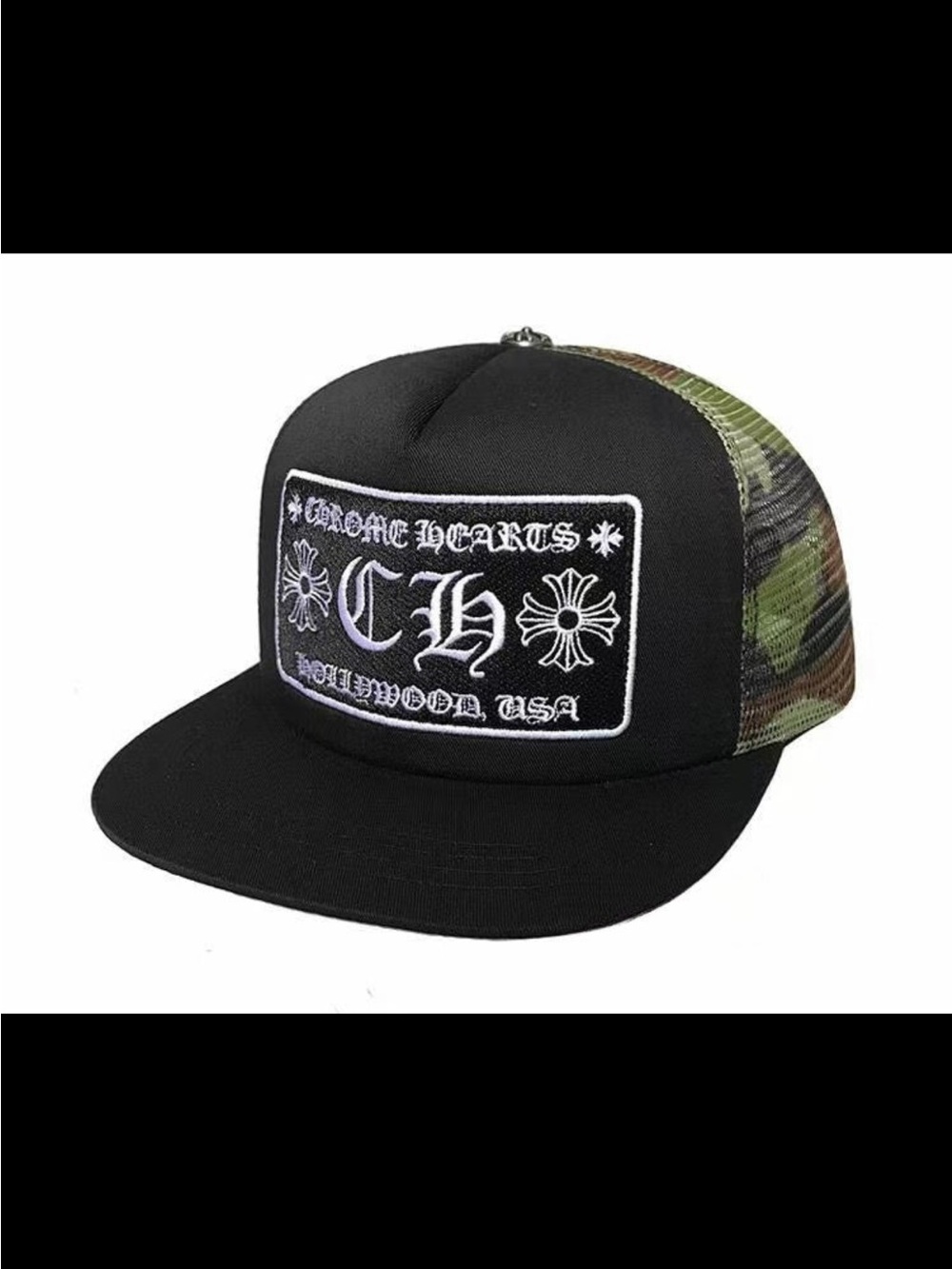 Chrome Hearts Black Front Patch Trucker Hat with Camo Mesh